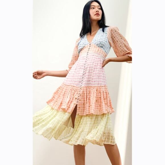 Love Shack Fancy Romantic Cottage Core Plaid Midi Puff Sleeve Ruffle Dress 8 - Picture 13 of 13